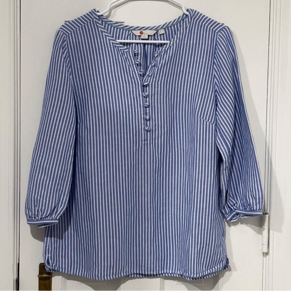 NWOT Boden Blue & White Striped Linen Blend Button Front Blouse – Size 8